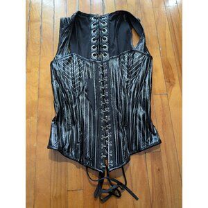 WORNED OUT Vintage Fetish Lip Service black& silver pinstripes vinyl corset XS S
